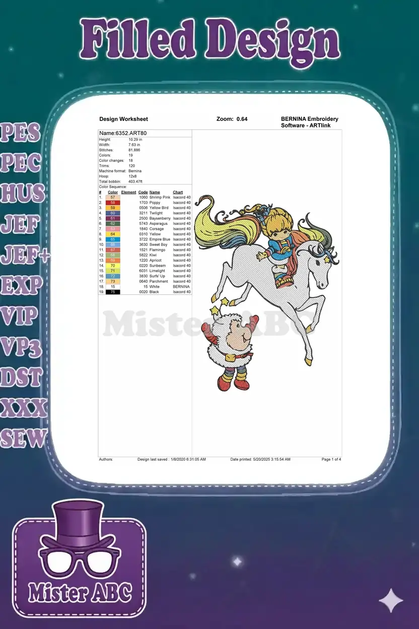 Embroidery design worksheet for Rainbow Brite, Starlite, and Twink, detailing thread colors and stitch count.