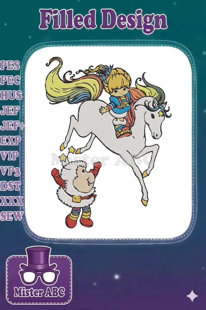 Vibrant embroidery design of Rainbow Brite on Starlite, with Twink the sprite below, filled with cheerful colors.