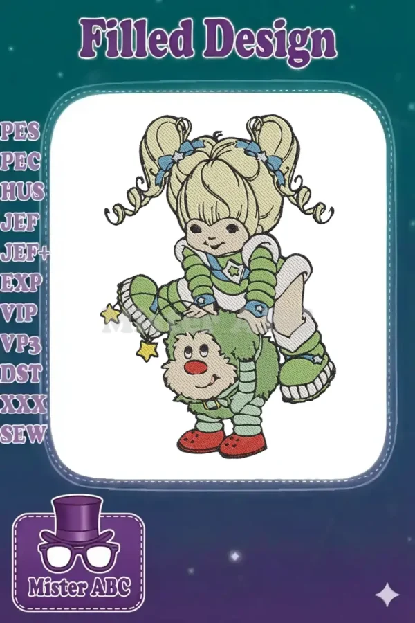 Full-color embroidery design of a blonde girl with pigtails riding a green, furry creature with a red nose.
