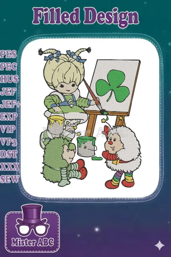 Charming embroidery of a blonde girl with pigtails painting a green shamrock, accompanied by two fuzzy sprites.