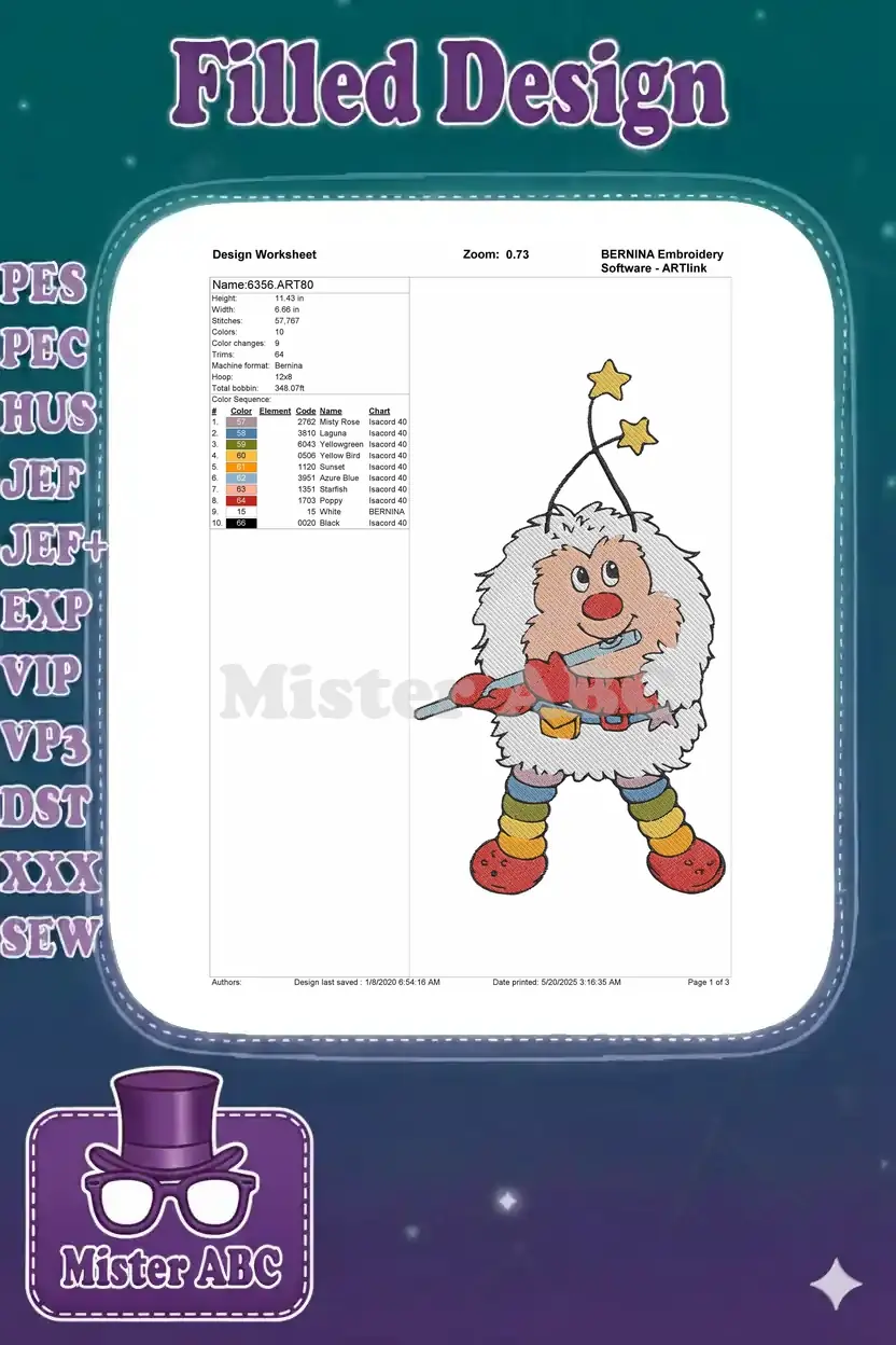The digital embroidery design worksheet for the Pufnstuf-inspired character, detailing colors and stitch counts.