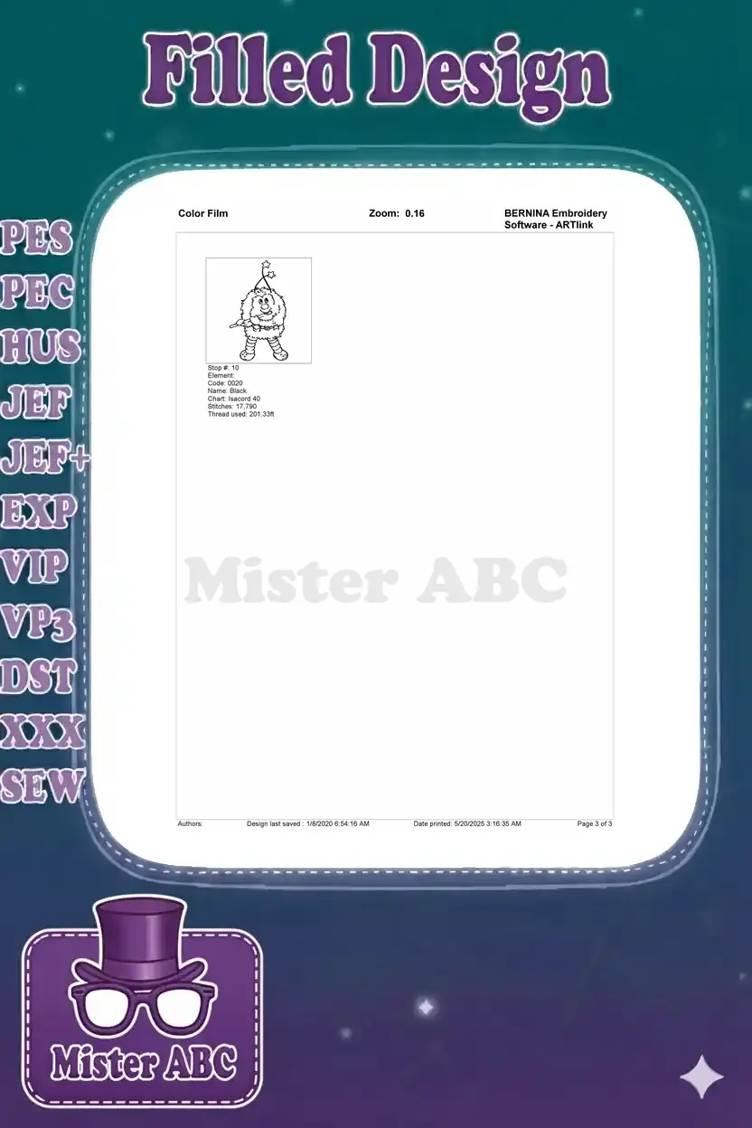 Color film displaying the tenth and final stitch stop for the Pufnstuf-inspired design, the black outline.