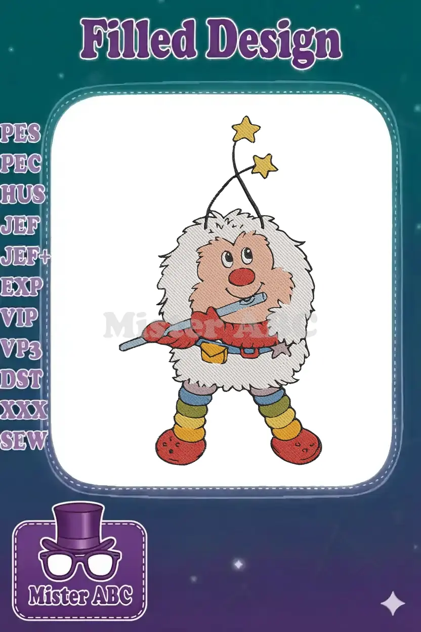 A vibrant embroidery of a fuzzy white Pufnstuf-inspired character playing a blue flute, with starry antennae.