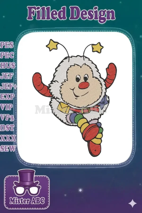 A vibrant embroidery design of a cheerful, fluffy Glo Worm character with star antennae and colorful rings, on a white background.
