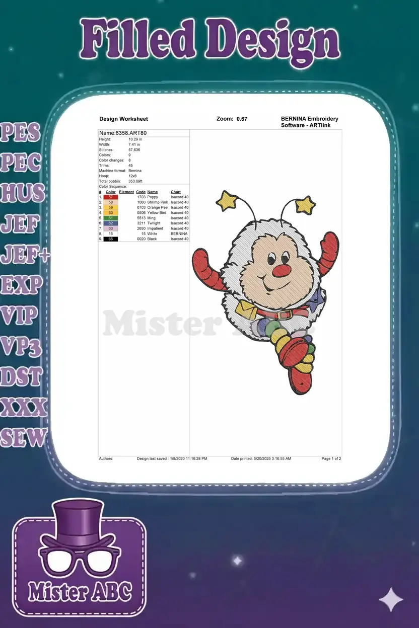Embroidery design worksheet for Glo Worm, showing dimensions, stitch count, color sequence, and thread chart on white.