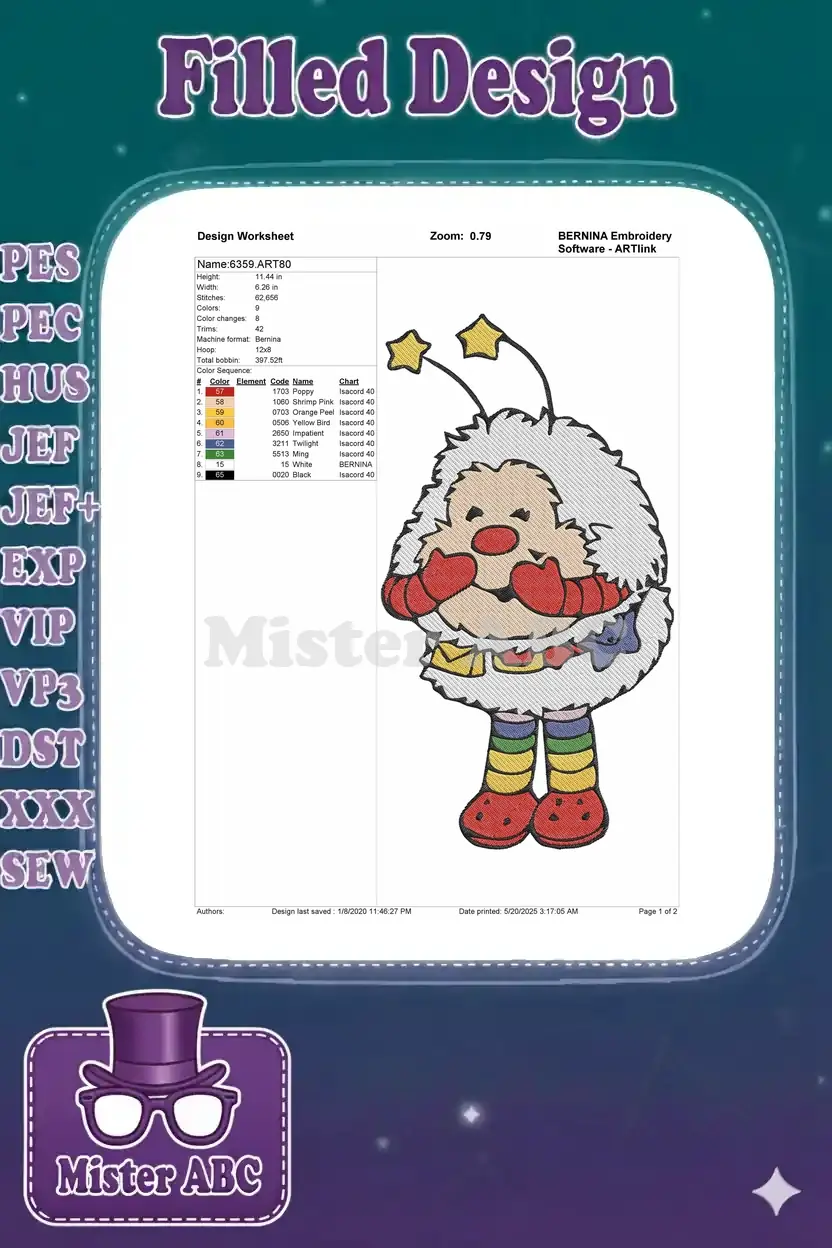 Embroidery design worksheet for Sniffles, detailing dimensions, stitch count, and thread color sequence.