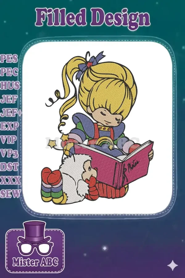 An enchanting embroidery design of a blonde, rainbow-dressed character reading a 'Photos' book with a white furry companion.