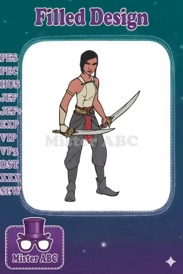 Full-body embroidery design of Raya, the warrior princess, wielding two swords with fierce determination and detail.