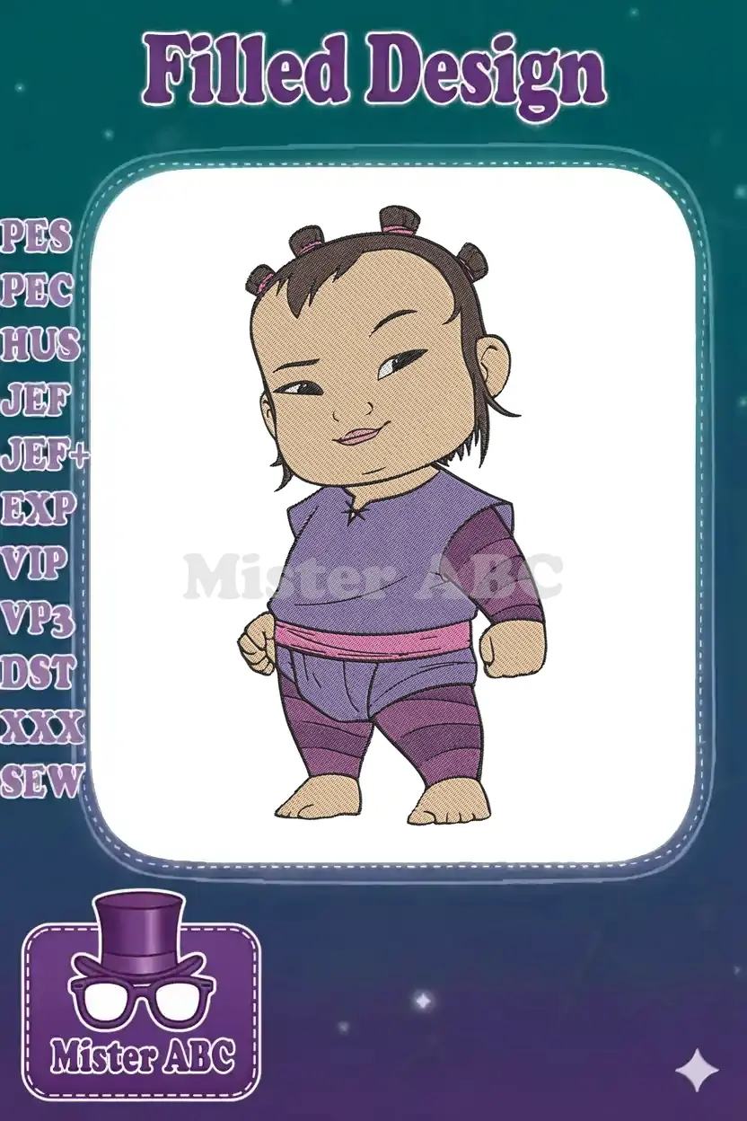Full-body embroidery design of a cute, chubby baby character with a playful expression and purple outfit.
