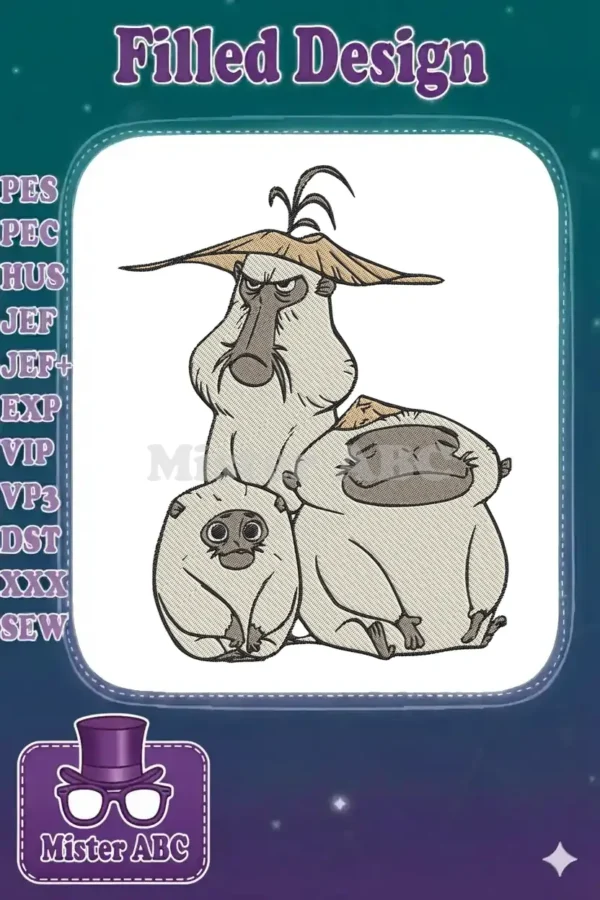 Three intricately embroidered monkeys, one stern, one relaxed, and one small, all wearing traditional straw hats.