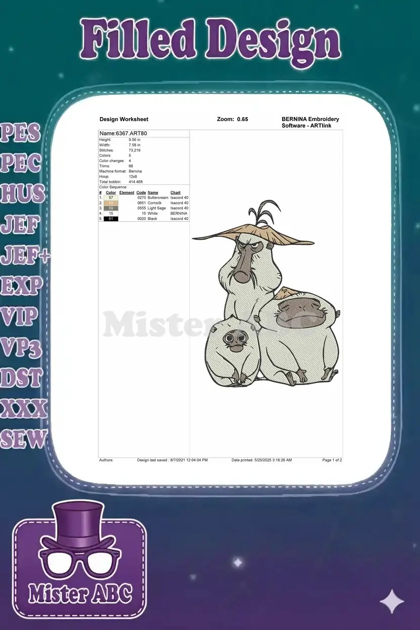 Detailed embroidery design worksheet showing dimensions, stitch count, color palette, and machine specifications.