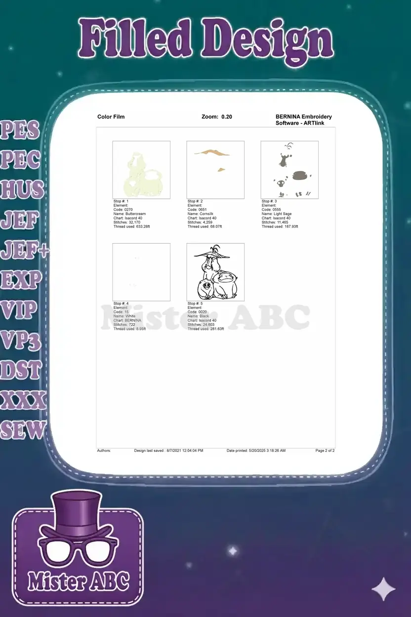 Embroidery color film illustrating the progressive stitch sequence and thread usage for each color element.