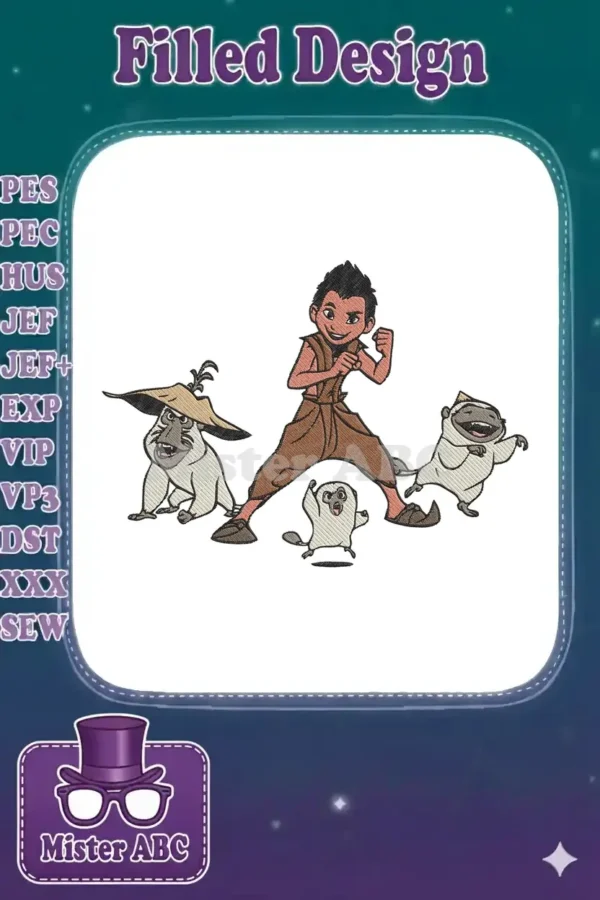 Detailed embroidery design of Boun from Raya and the Last Dragon in a dynamic pose, flanked by three playful Ongis.