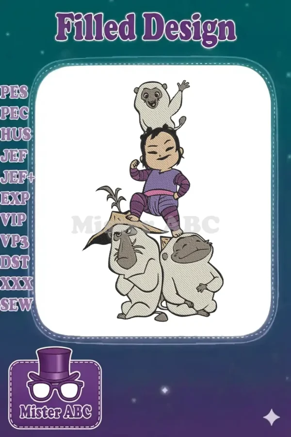 Full-color embroidery design of Raya from Disney's Raya and the Last Dragon, stacked playfully with three Ongi.