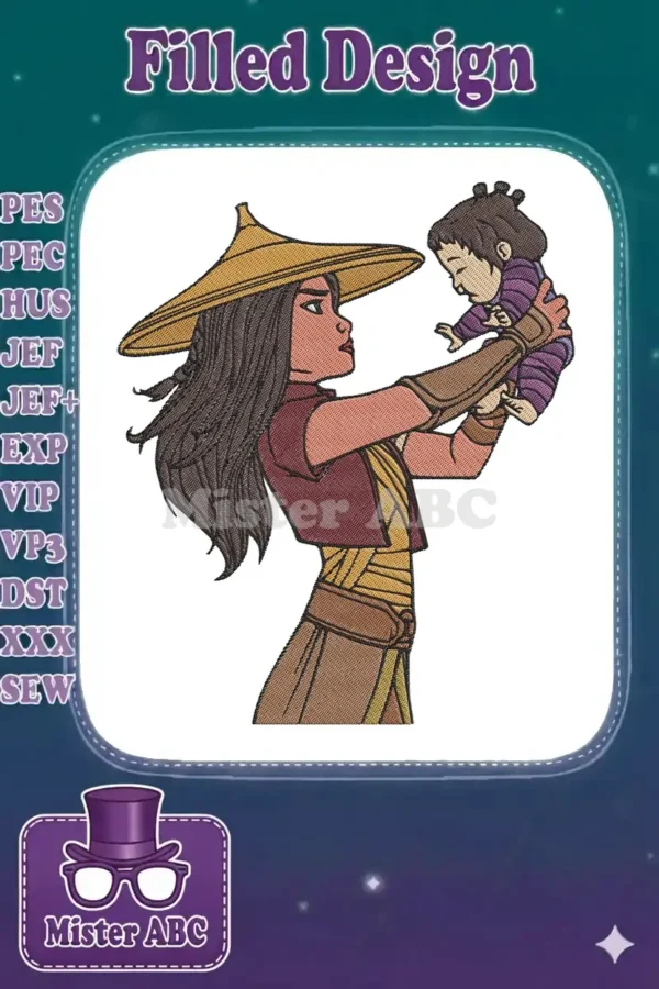 Full-color embroidery design featuring Raya from Disney's Raya and the Last Dragon, holding baby Sisu in her arms.