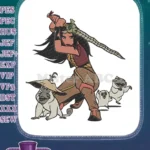 Fierce Mulan Sword and Three Cute Pug Dogs Embroidery Designs - Instant Download