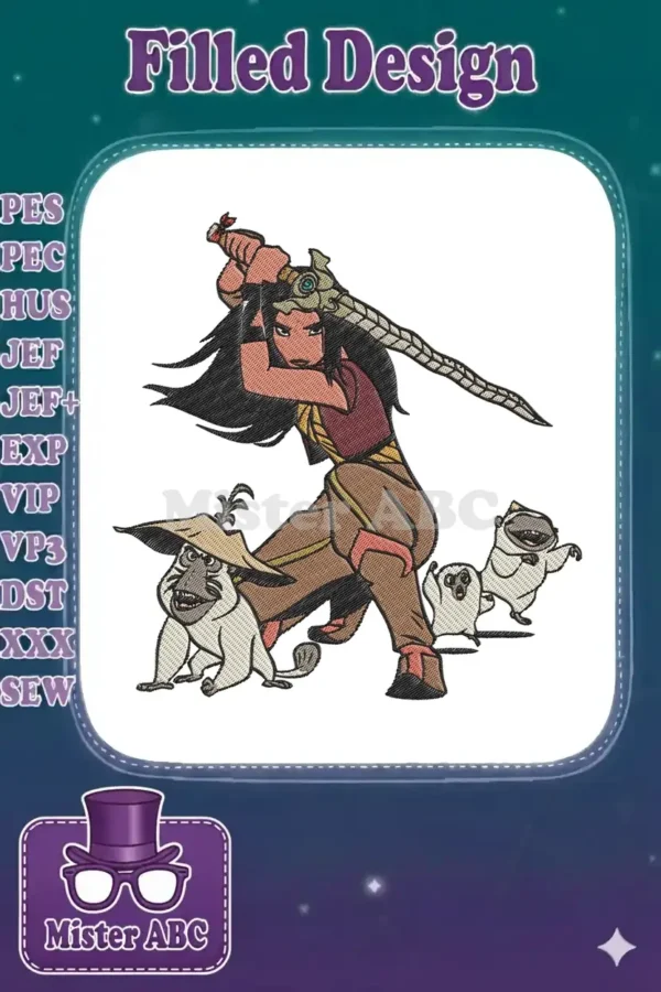 Mulan in a powerful warrior pose, wielding a sword, accompanied by three expressive pug dogs in an intricate embroidery design.