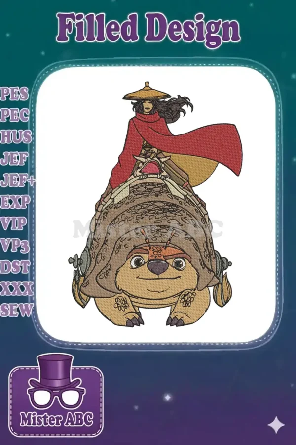 A vibrant machine embroidery design featuring Raya riding on the back of her loyal companion, Tuk Tuk, from Disney's Raya and the Last Dragon.