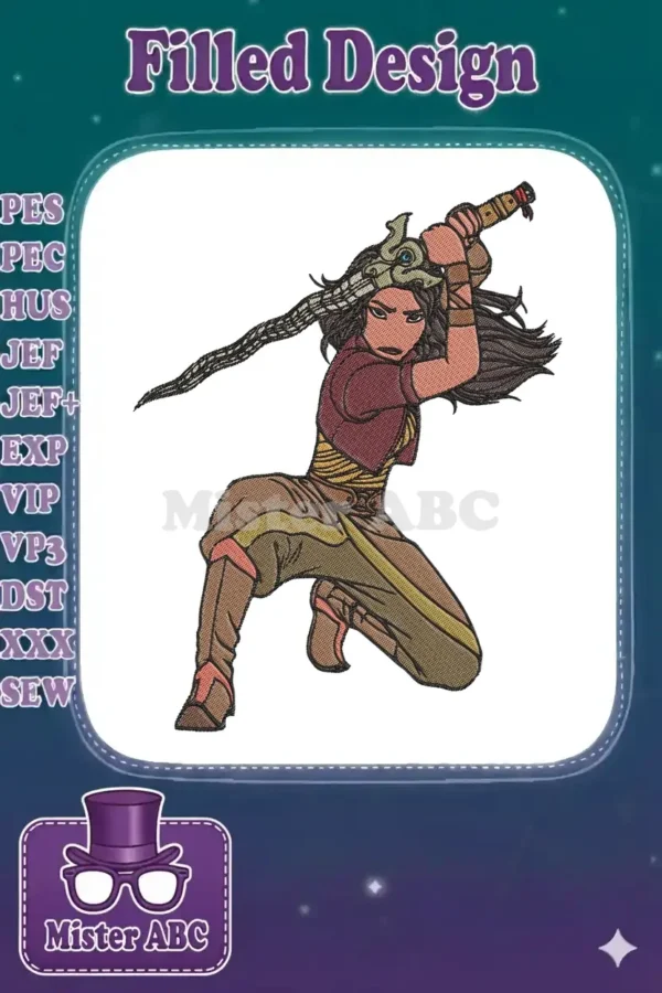 Dynamic embroidery of Raya from Disney's Raya and the Last Dragon, poised for battle with her sword.