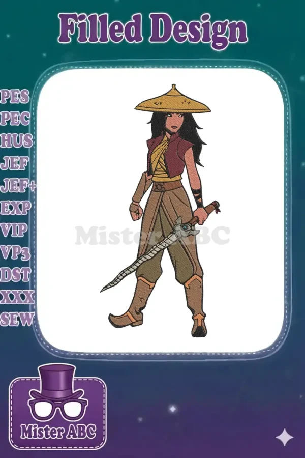 Full body embroidery of Raya from Disney's Raya and the Last Dragon, holding a sword and wearing a conical hat, detailed.