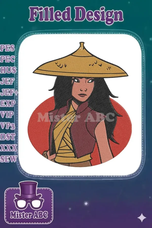 A close-up embroidery design of Disney's Raya, featuring her conical hat, determined expression, and vibrant attire.