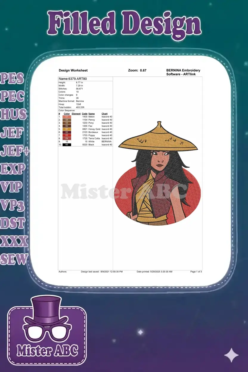 An embroidery design worksheet displaying technical specifications, dimensions, stitch count, and a full color chart.