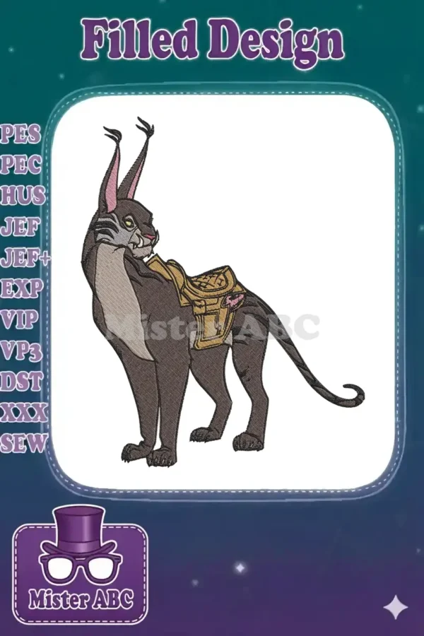 A detailed embroidery of a dark brown, lynx-like creature with large ears and a golden saddle, facing left.