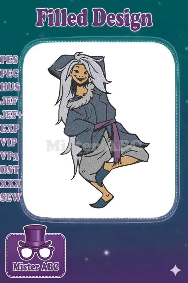 Vibrant embroidery of Sisu from Raya and the Last Dragon, featuring her iconic look and flowing white hair.