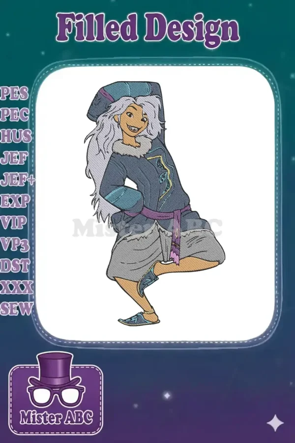 Full-length embroidery design of Raya from Disney's Raya and the Last Dragon, striking a cheerful, dynamic pose.