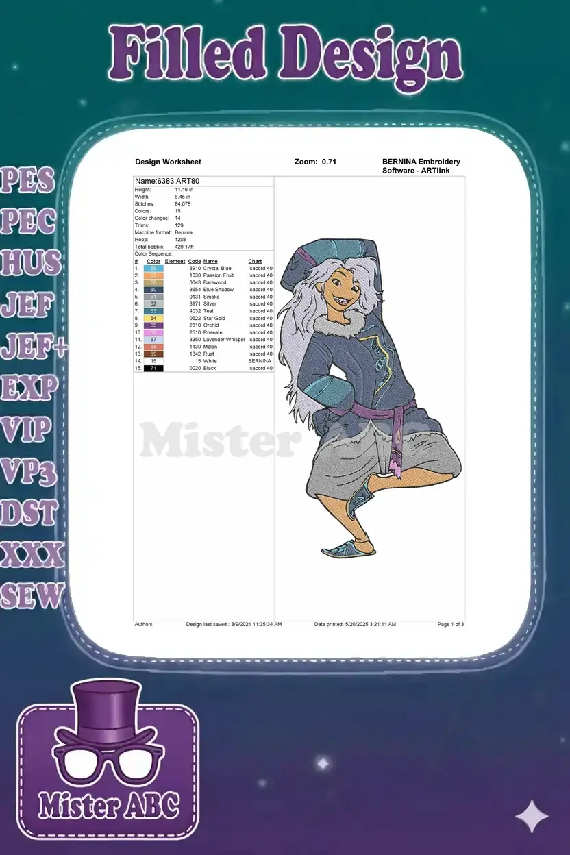 Embroidery design worksheet for '6383.ART80', detailing dimensions, stitch count, color changes, and thread chart.