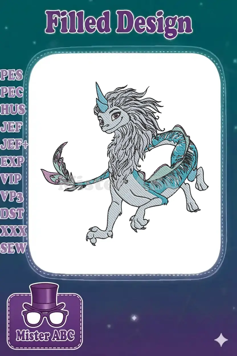 A vibrant embroidery design of Sisu, the graceful water dragon from Raya and the Last Dragon, in shades of blue and purple.