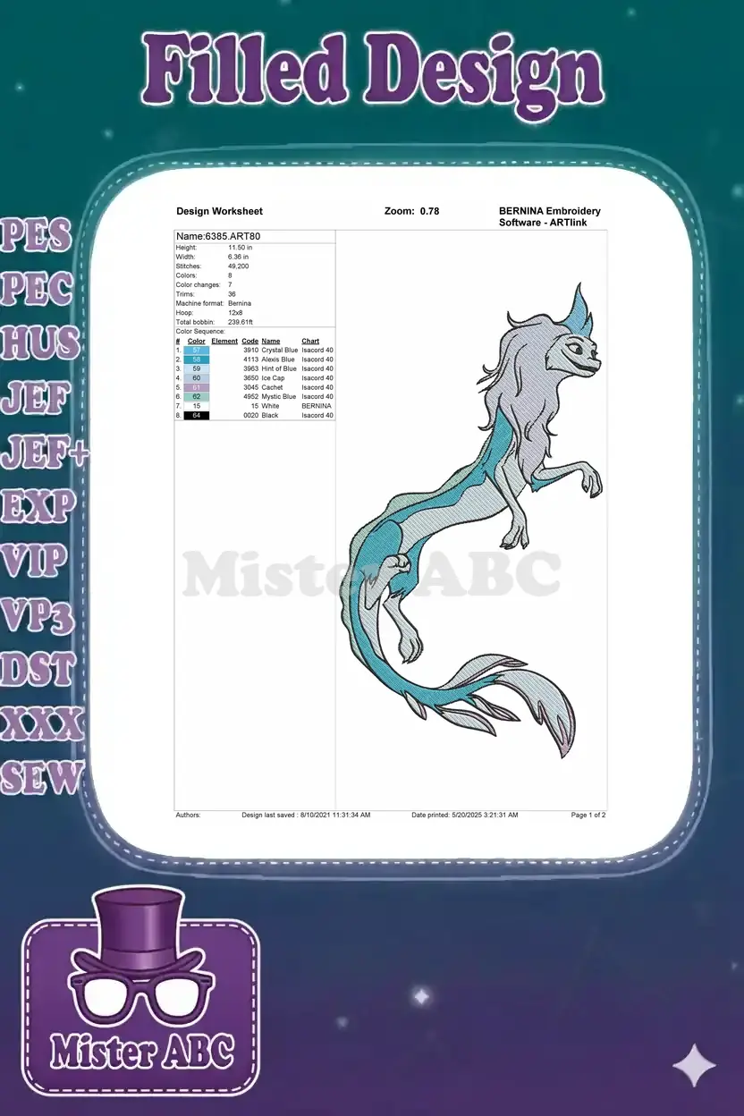 Embroidery design worksheet for Sisu dragon, detailing dimensions, stitch count, and color sequence.