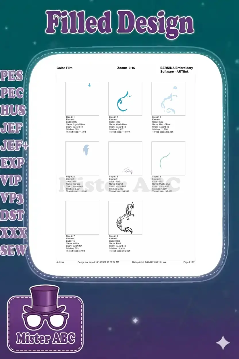 Color film breakdown for Sisu dragon embroidery, showing individual color elements and stitch order.
