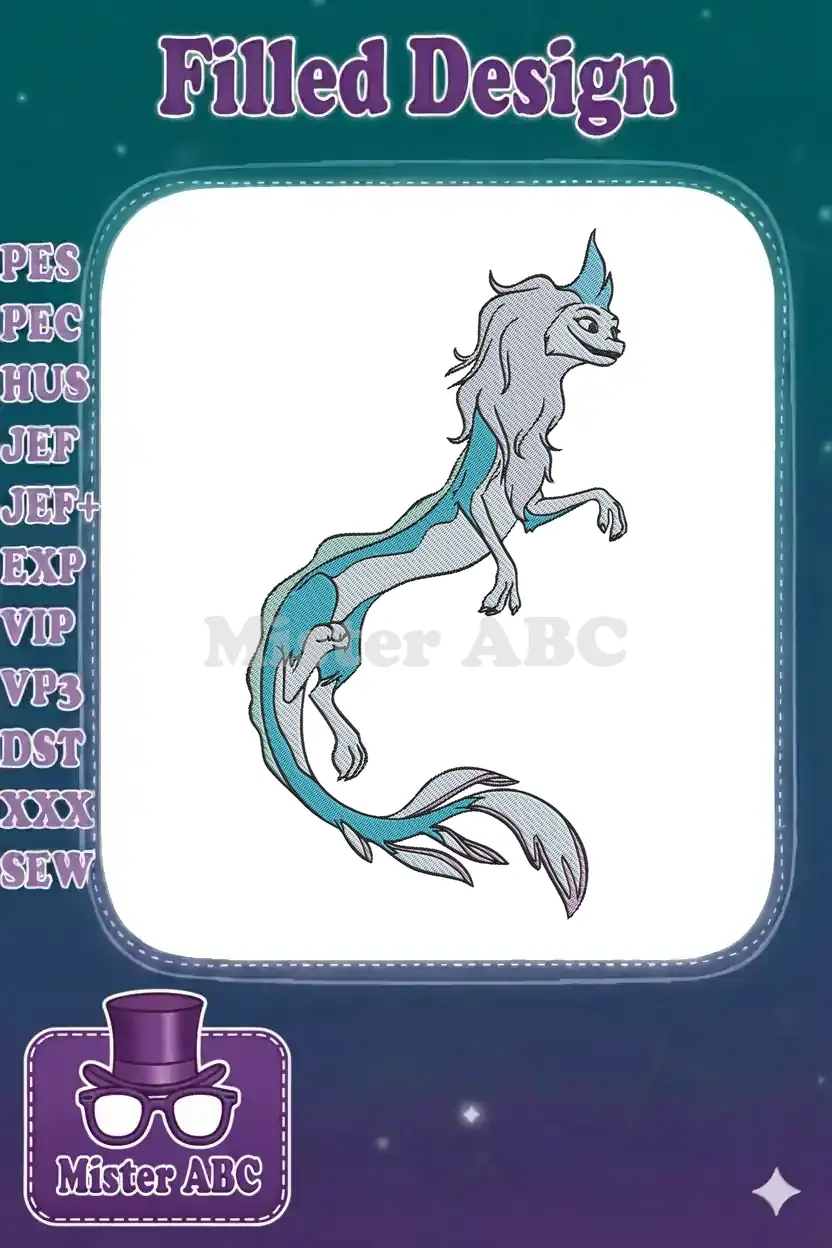 Sisu dragon embroidery design from Raya and the Last Dragon, featuring elegant blues and greys.