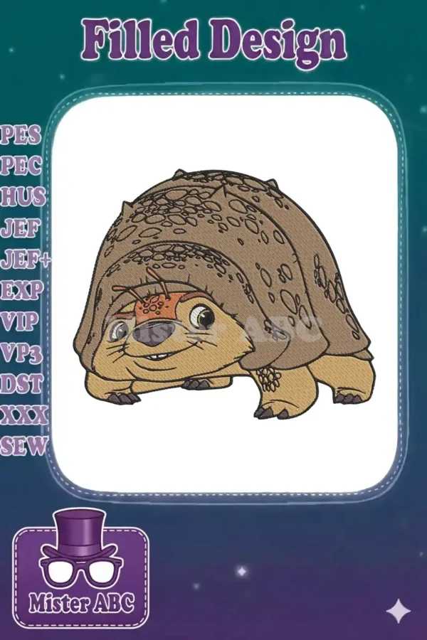 Close-up of a friendly cartoon armadillo embroidery design, featuring detailed shell texture and a warm smile.