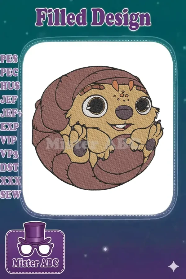 Close-up of an adorable armadillo character, curled into a ball, with a friendly smile, detailed embroidery texture.