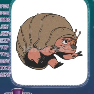 Close-up of a whimsical armadillo embroidery design with a detailed shell and expressive eyes, ready for stitching.