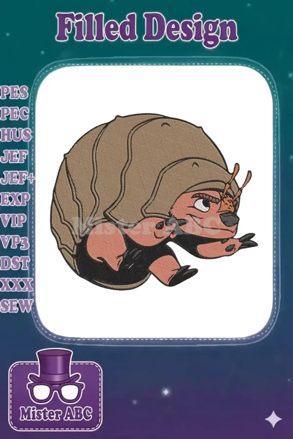 Close-up of a whimsical armadillo embroidery design with a detailed shell and expressive eyes, ready for stitching.