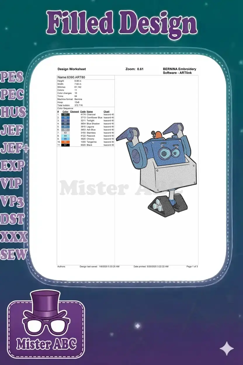 Detailed embroidery design worksheet for the robot, showing dimensions, stitch count, color sequence, and thread chart.