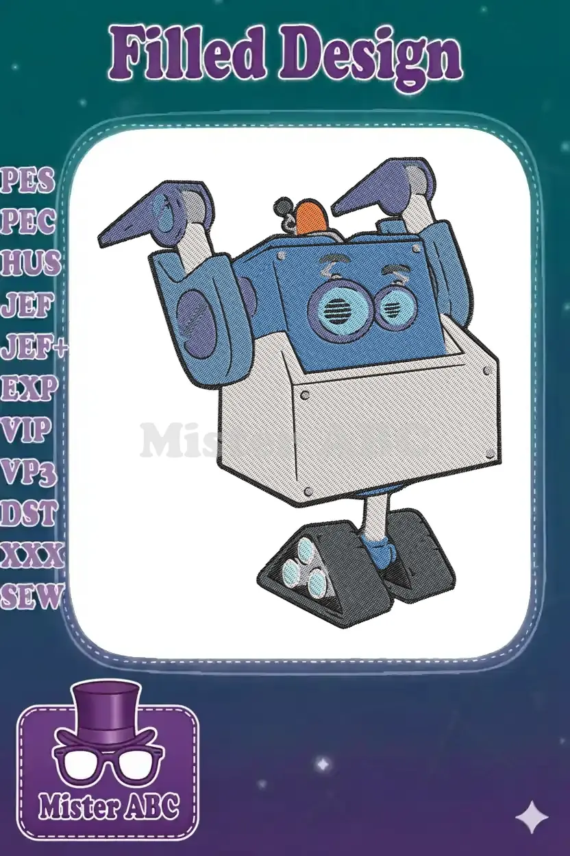 A charming blue and white robot embroidery design with expressive eyes and movable arms, featuring intricate satin stitches.