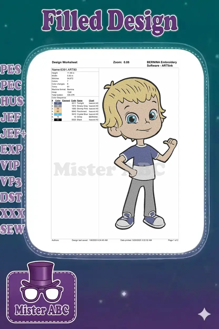 Embroidery design worksheet for the cartoon boy, showing dimensions, stitch count, colors, and machine info.