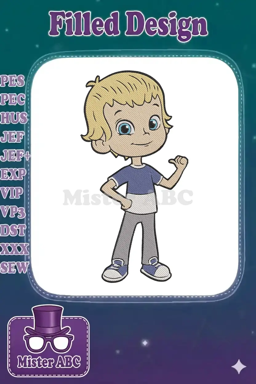 Full-body embroidery design of a cheerful cartoon boy with blonde hair, blue eyes, wearing a blue and white shirt.