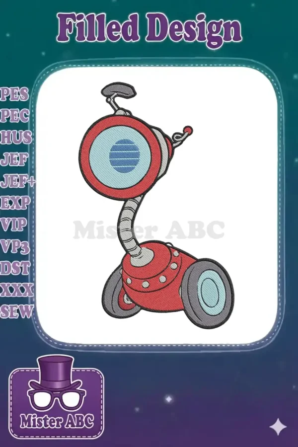 A detailed, digitally embroidered red robot with a round head, flexible neck, and wheels on a white background.
