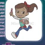 Happy Cartoon Girl Running Holding Tablet Stylus Embroidery Designs - Instant Download