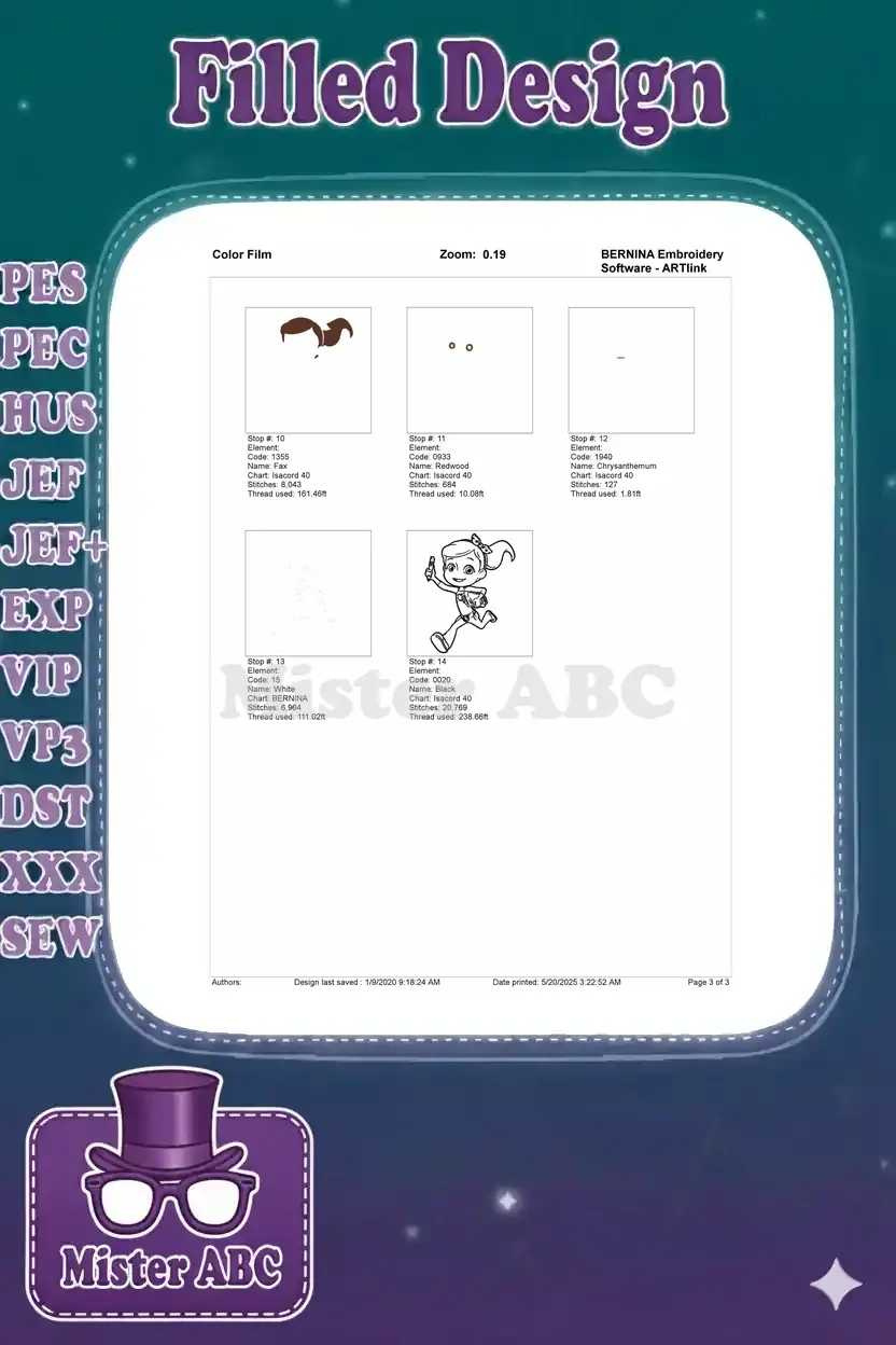 Final part of the color film sequence for Alana embroidery, detailing stitch order for colors 10-14, including the black outline.