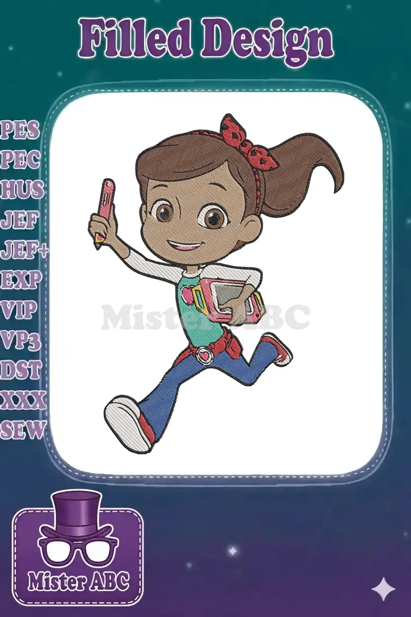 Alana from Dora and Friends, an energetic cartoon girl, running with a pink stylus and tablet, ready for adventure.