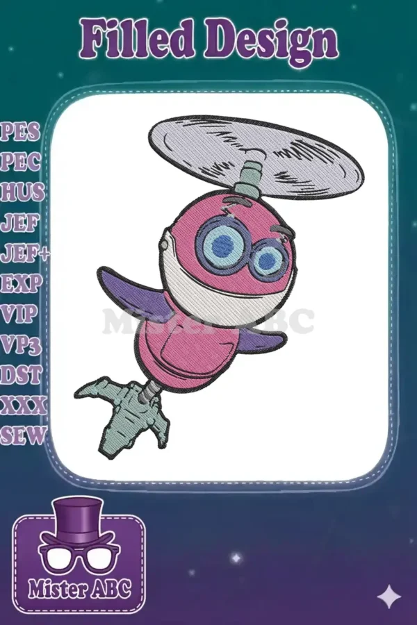 Vibrant embroidery design of a flying pink character with a propeller hat, resembling Cosmo from Fairly OddParents.