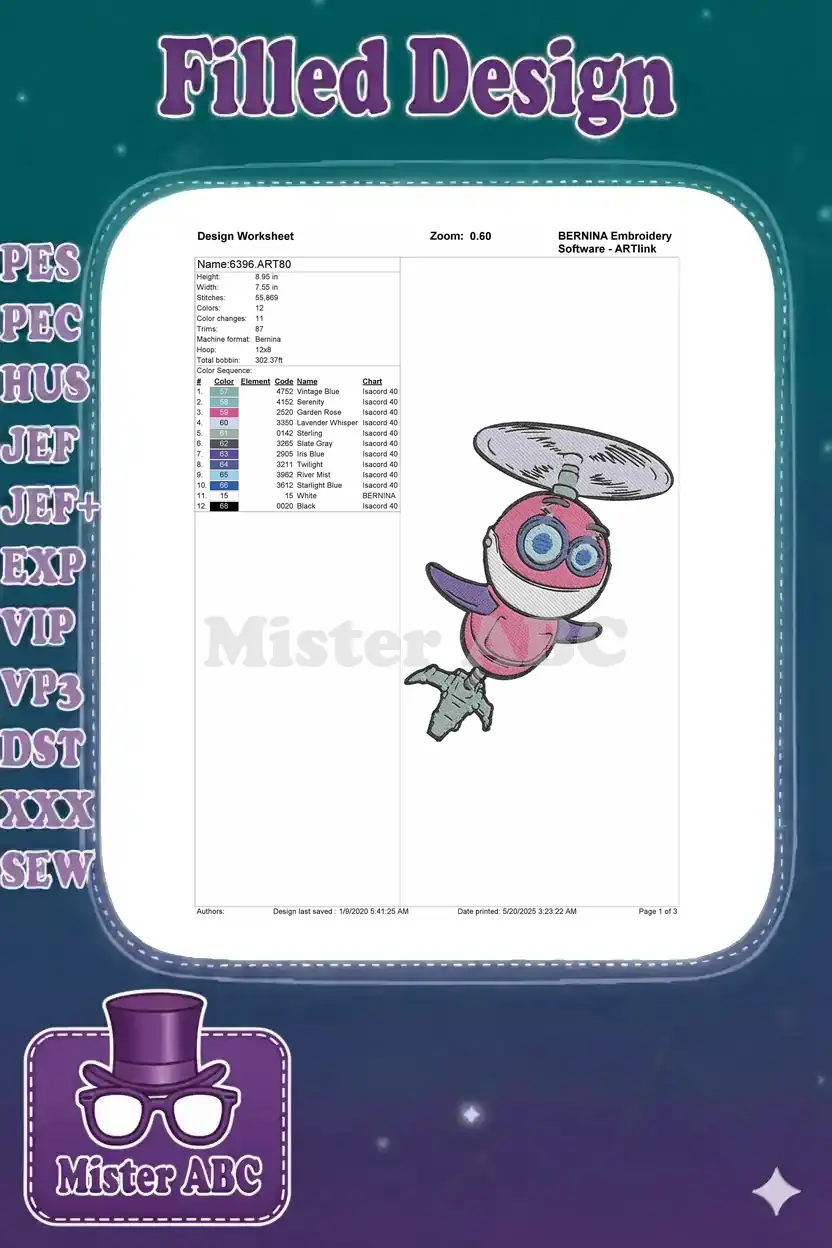 Detailed embroidery design worksheet for 6396.ART80, showing dimensions, stitch count, and 12-color sequence.