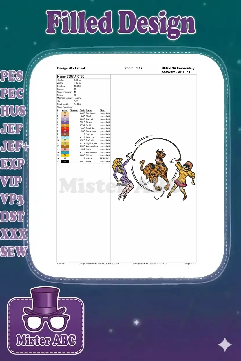 Embroidery design worksheet detailing dimensions, stitch count, color sequence, and thread specifications for the design.
