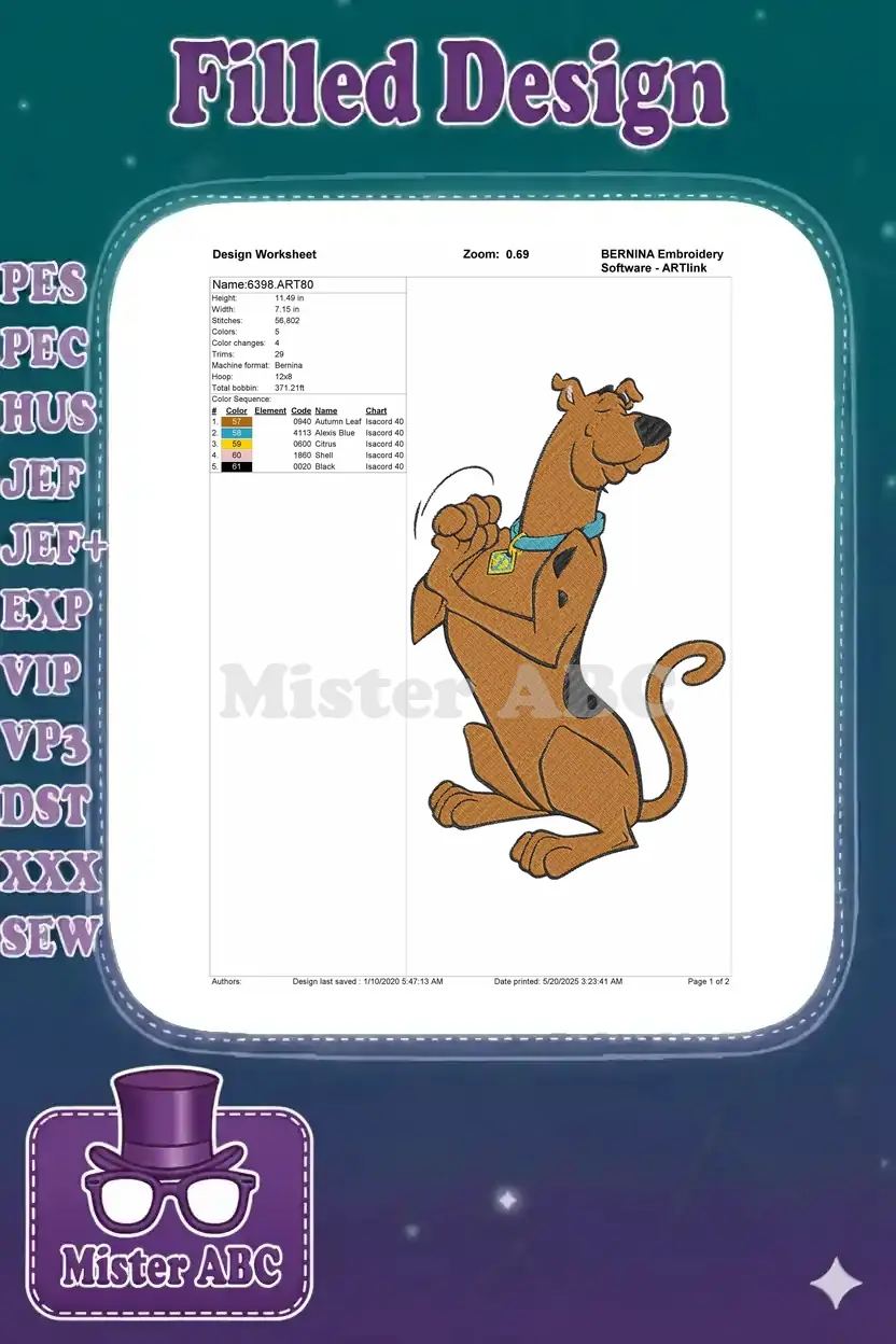 Embroidery design worksheet for Scooby-Doo, detailing stitch count, dimensions, color sequence, and thread types.